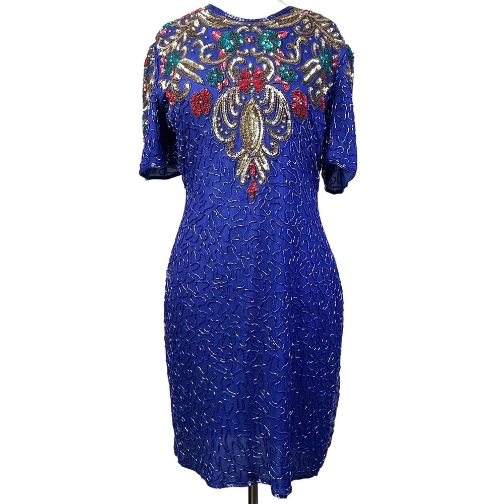 80s 90s Vintage Scala Silk Beaded Cocktail Dress Blue Sequin Art‎ Deco Midi PL